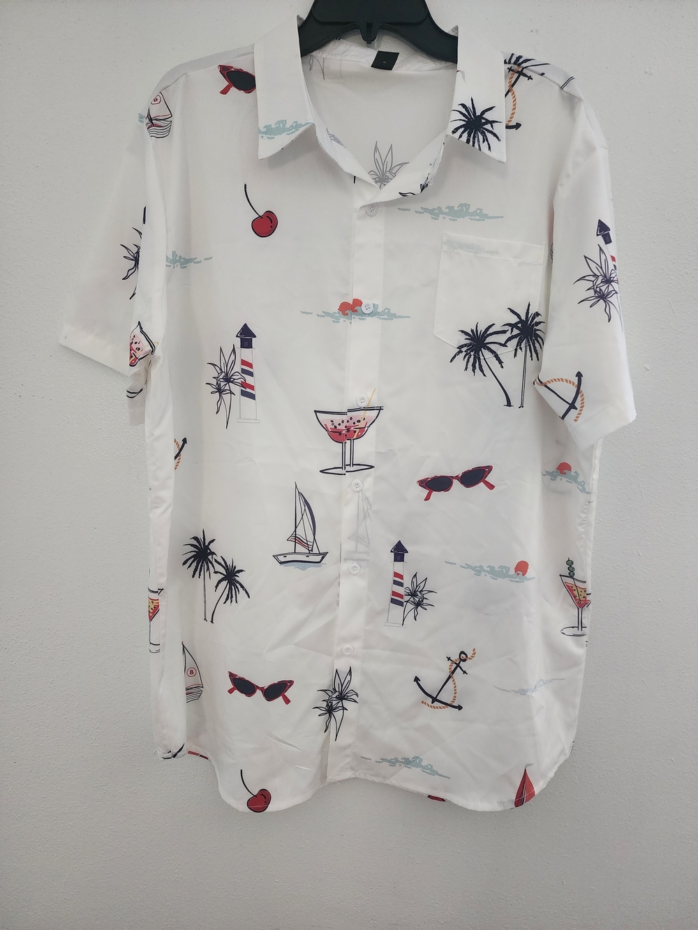 Men's White Tropical Motif Short-Sleeve Button-Down Shirt